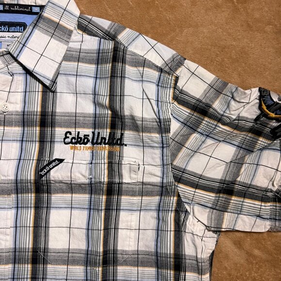 Ecko Grey Plaid‎ Button Down Embroidered Shirt Sz Large Y2K (AA2) - Picture 2 of 8